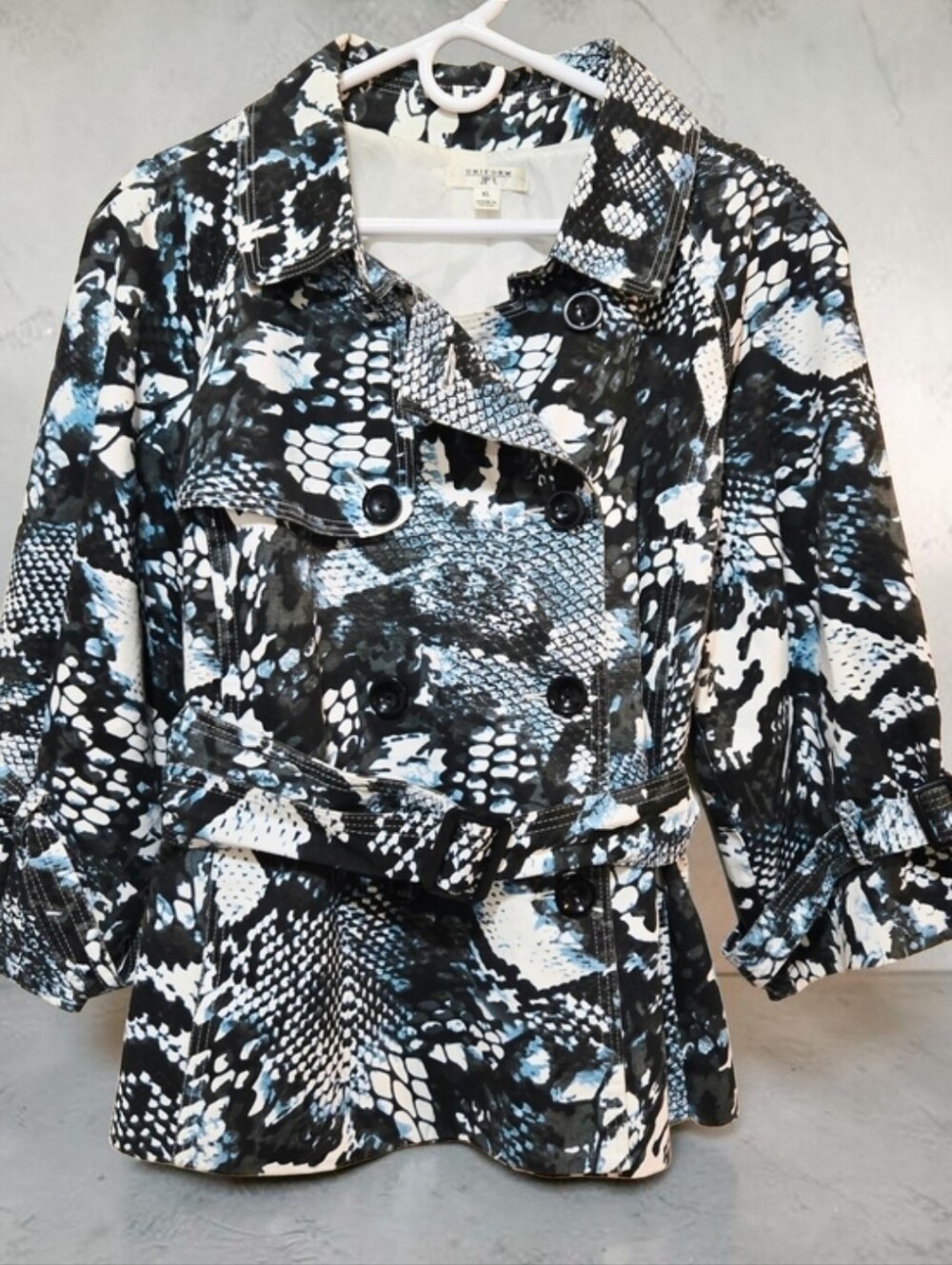Cropped Trench Coat Jacket Blue Black Snake Print Belted Uniform JPR Size XL